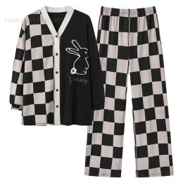 Spring Plaid Elegant Women Pyjama Sets Female Pyjamas V-neck Girls Kimono Sleepwear Femme Loungewear Pijama Mujer Home Nightwear