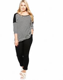 plus Size 3/4 Lg Sleeve Spring Autumn Casual Tunic Tops Women Black-White Stripe Patchwork Blouse Shirt Big Size T-shirt 4XL B8m6#