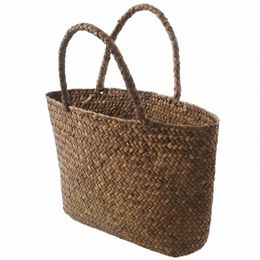 6x Casual Straw Bag Natural Wicker Tote Bags Women Braided Handbag For Garden Handmade Mini Woven Rattan Bags X1gr#