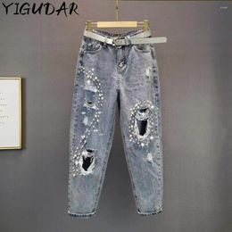 Women's Jeans Fashion Ripped Loose High Waist Beads Rhinestones Harem Pants Female Street Holes Denim Trousers
