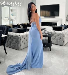 Party Dresses Boho Blue Evening Dress Sexy Backless Holiday Elegant Simple Floor Length Prom 2024 Sweep Train Ceremony