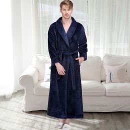 Men Winter Plus Size Extra Long Flannel Bathrobe Thick Warm Solid Shell Coral Fleece Bath Robe Women Dressing Gown Hot Sleepwear