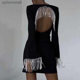 Urban Sexy Dresses Women Slim Stitching Tassel Backless Club Dress Chic Fringe Flare Sleeve Banquet Lady High Street Black Party yq240330