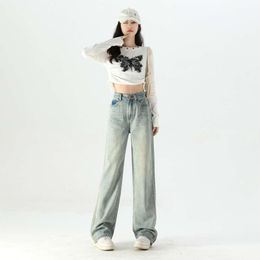 Old denim jeans for women in spring new loose fitting high waisted slimming design narrow version soft and sticky straight leg pants