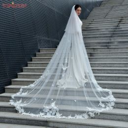 TOPQUEEN V150 3d Flowers Wedding Veils for Bride Luxury Cathedral Lace Floral Bridal Veil Soft Italian Tulle Bohemian Chic