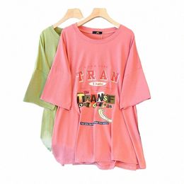 camiseta holgada de talla grande para mujer, Camiseta larga c estampado de letras, cuello reddo, 160Kg, verde, rosa, 6XL, 7XL, 8XL, 9XL, 10XL, 175 93vp#