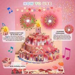 Unique 3D Pop Up Happy Birthday Card Auto Musical Greeting Card With Blowable LED Light Candle Birthday Cake Card Gifts 240328