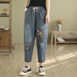 Women's Jeans Mori Kei Women Spring Autumn Bunches Of Flowers Embroidery Loose Denim Harem Pants Japanese Vintage Clothing