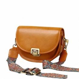 2023 Vintage Half Mo Saddle Bag Small Top Layer Cow Leather Oil Wax Women's Shoulder Crossbody Bag Wide Strap Daily Purse 70BG#