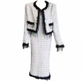 plus Size Women Vintage Tweed Winter Y2K Suits Jacke Coat Top And Lg Skirt Two Piece Set Outfit Jacquard Formal Party Clothing M9D1#