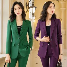 Women's Two Piece Pants Long Sleeve Two-Button Purple Business Wear Elegant Slim Fit Slimming Work Uniforms Black Formal Green Suit