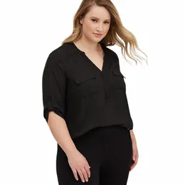 plus Size Rolling Sleeve Summer Spring Elegant Shirt Blouse Women V-neck Solid Loose Busin Casual Shirt And Blouse 6XL 7XL 8X 80VW#