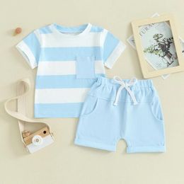 Clothing Sets Toddler Boys Summer Outfits Pocket Stripe Short Sleeve T-Shirts Tops Elastic Waist Shorts 2 Pieces Clothes Set