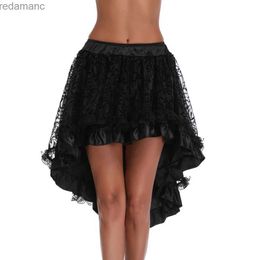 Skirts Skorts Steampunk Gothic Black Floral Flocking Tulle and Ruffled Victorian Skirt Women Front Short Back Long Asymmetrical Skirts 8537 240330