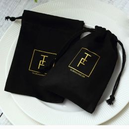100Pcs/Lot Bulk Personalized Logo Drawstring Bags Velvet Jewelry Packaging Pouches Chic Wedding Favor Bags Flannel Soap Dust Bag