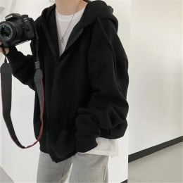 Kvinnor sammet hoodies 2023 höst varm grå zip up cardigan överdimensionerade tröjor harajuku koreanska långärmade fickjackor kappa