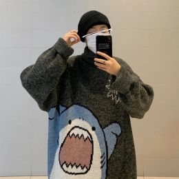 2022 Winter Men Turtlenecks Shark Sweater Men Patchwor Harajuku Korean Style High Neck Oversized Grey Turtleneck Pullover Men