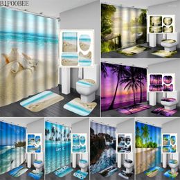 Shower Curtains Beach Shell Starfish Print Curtain Ocean 3D Bathroom Flannel Anti-slip Carpet Toilet Lid Cover Bath Mats Rugs