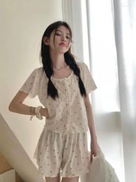 Women's Sleepwear Cotton Short-Sleeved Shorts Pyjama For Women Summer Cardigan Round Neck Printed Casual Soft Ladies Home Nightgown