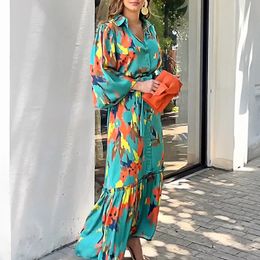 Elegant Lapel Pattern Print High Street Dress Female Casual Lantern Sleeve Long Dress Fashion Long Sleeve Tie-Up Holiday Dresses 240321