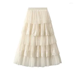 Skirts Lace Patchwork Cake Pleated Tulle Skirt Sweet A-Line High Waist Long For Women 2024 Spring