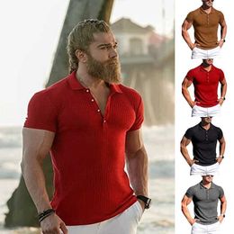 Men's T-Shirts 2022 Summer Mens Sports and Fitness Wear High Elastic Vertical Stripe Short sleeved Polo Shirt Thin Knitted Bottom J240330