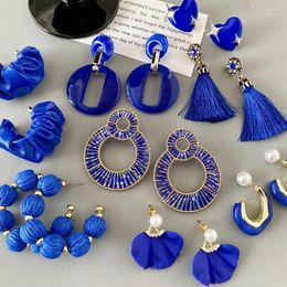 Dangle Earrings AENSOA Korean Navy Blue Round Tassel Hanging For Women Fashion Geometric Circle Pearl Drop Statement Jewellery