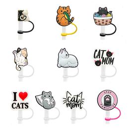 17 colors cats kitten silicone straw toppers accessories cover charms Reusable Splash Proof drinking dust plug decorative 8mm straw party supplies