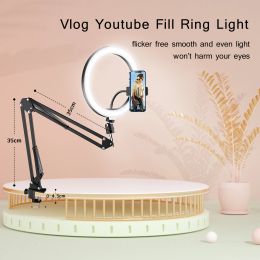 LED Selfie Soft Ring Light With Long Arm Phone Tripod Stand Holder Circle Fill Lighting Round Lamp Makeup Photography RingLight