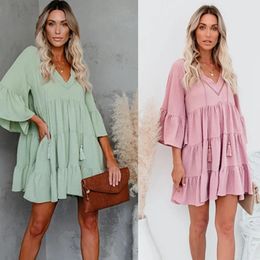 Pregnant Woman Summer Clothes Sweet Short Flare Sleeve V-neck High Waist Maternity Chiffon Dress Korean Style A-line 240321