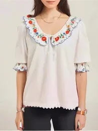 Women's Blouses French Floral Embroidery Puff Sleeve Shirt For Women 2024 Spring Ladies Ruffled Edges Collar White And Top