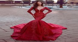 Gorgeous 2021 Red Mermaid Prom Dresses Long Evening Gowns Open Back Appliqued Lace Long Sleeve Formal Party Gown Elegant7483430
