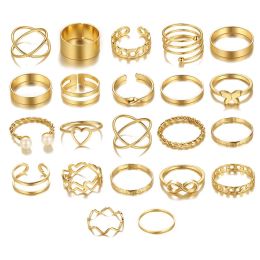 Charm 22PCS Gold Dome Chunky Rings for Women suit 18K Gold Plated Braided Twisted Round Signet Rings Adjustable Open Ring Band Statement