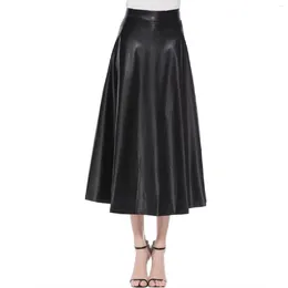 Skirts Women Long Fashion Leather PU Skirt 2024 Solid Colour Office Lady Midi Elegant High-Waisted Party Bottoms