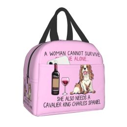 Cavalier King Charles Spaniel And Wine Funny Dog Insulated Lunch Bag Waterproof Thermal Cooler Lunch Box For Women Kids School