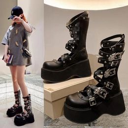 Boots Women Goth Platform Mid Calf Wedges Heeled Cospaly Autumn Combat Design Luxury Motorcycle Shoes