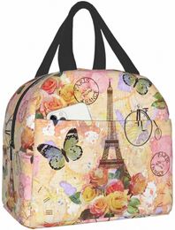 paris Eiffel Tower Butterfly and Frs Lunch Bag Compact Tote Bag Reusable Lunch Box Ctainer for Women School Office Work P4SN#