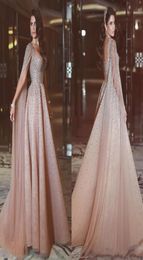 2017 elegant Beading Long Evening Dresses With Cape sleeves Straps ALine long Pink Tulle Party Evening Gowns Beaded Vestidos Fest2685539