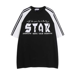 Spliced Raglan Sleeve Metal Style Letter Fashion Brand Vtg Short American Hip Hop Youth Loose Couple T-shirt