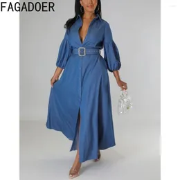 Casual Dresses FAGADOER Blue Elegant Lady Belt A-line Shirt Women Turndown Collar Button Long Sleeve Mid Dress Fashion Slim Vestidos