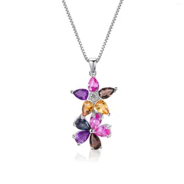 Chains Custom Natural Colourful Multi Gemstone Flower Shaped 925 Sterling Silver Pendant Necklace