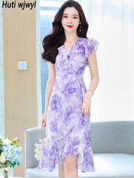 Party Dresses Summer Purple Floral Chiffon Chic Ruffled Midi Dress Women Luxury Elegant Night Vestidos 2024 Korean Casual Beach Sundress