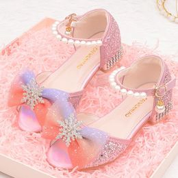Girls Princess Shoes High Heel Flower Girls Sandals Shoes Sparkly Sequin Party Shoes Summer Beaded Strap Dressy Shoes Open Toe 240318