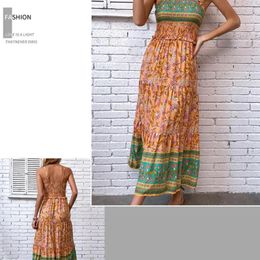 Casual Dresses Printed Summer Dress Elegant Ethnic Style Maxi For Women A-line Beach Sundress With High Waist Pleats Elastic