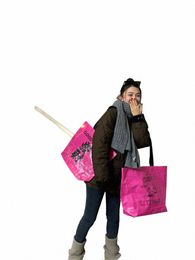pp Woven Shop Bag Pink Color Shoulder Bag Reusable Waterproof Totes Portable Handbag For Travel Grocery E36Y#