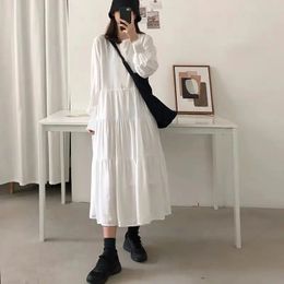 Plus Size Loose Solid Midi Dress Spring Autumn Temperament Long Sleeve Oneck Allmatch Dresses Fashion Sweet Women Clothing 240329