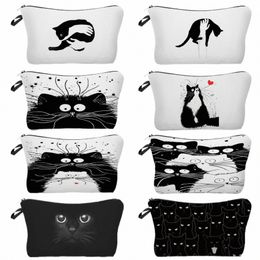 women Cosmetic Bags Animal Cute Casual Makeup Bags Black Cat Printing Travel Portable Storage Storage Bags Child Pencil Case V3Ml#