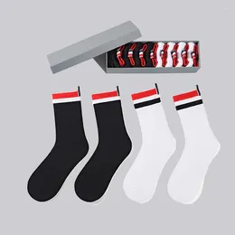 Men's Socks Korean Striped Design Cotton Crew Casual Street Fashion Middle Tube Stockings 3 Pairs Gift Box