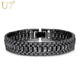 Strands U7 Chunky Wide 12mm Link Chains Mens Bracelet Punk Biker Style Black Silver Gold Colour Big Father's Day Gift Idea