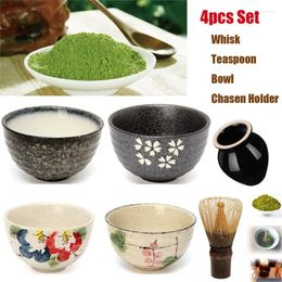 Teaware Sets 4pcs/set Tea Matcha Ceramic Ceremony Green Bowl Bamboo Scoop Chasen Holder Whisk Tool Set